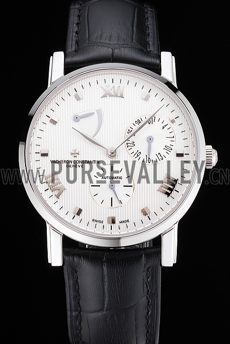 Swiss Vacheron Constantin Patrimony Quantieme Reserve De Marche White Dial Stainless Steel Case Black Leather Strap