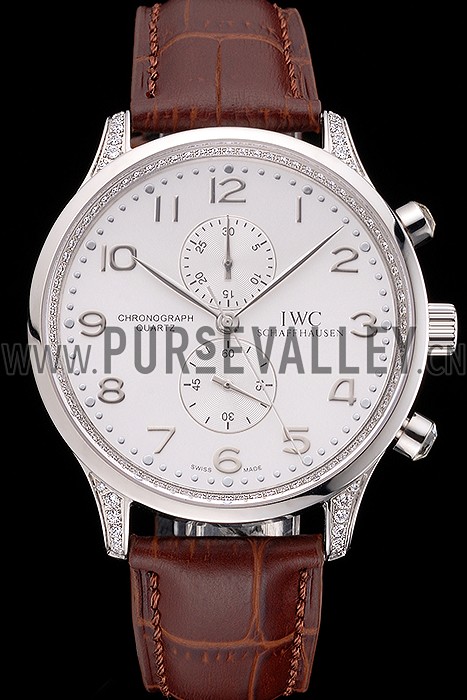 IWC Portugieser Chronograph White Dial Steel Hands And Numerals Steel Case With Diamonds Brown Leather Strap