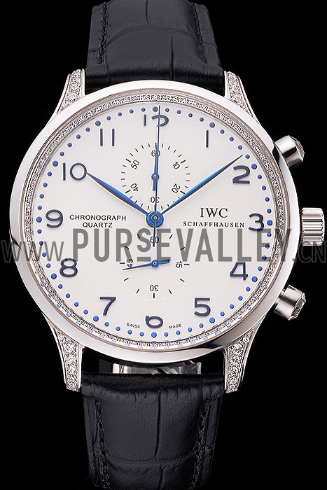 IWC Portugieser Chronograph White Dial Blue Hands And Numerals Steel Case With Diamonds Black Leather Strap