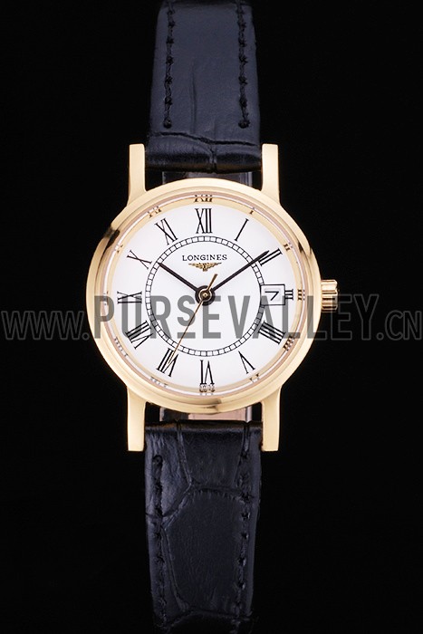 Longines La Grande Classique White Round Dial Gold Case Black Leather Band Small 622383