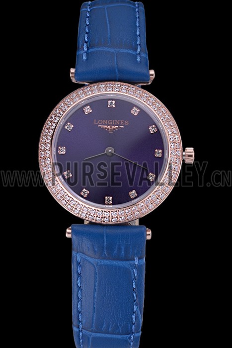 Longines La Grande Classique Blue Round Dial Diamond Case Diamond Numerals Blue Leather Band 622386