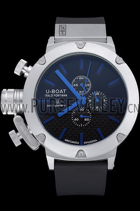 U-Boat Italo Fontana Black Carbon Dial Blue Hour Marks Stainless Steel Case Rubber Bracelet 622708
