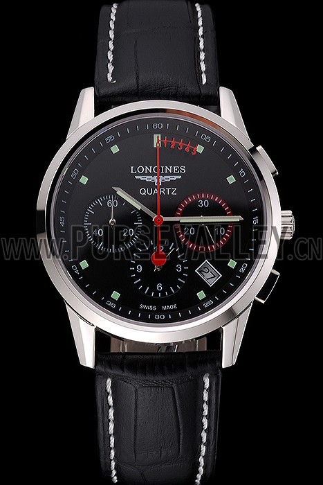 Longines Column Wheel Black Dial Silver Stainless Steel Case Black Leather Strap