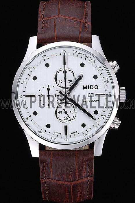 Mido Multifort Cronograph All White & Black Dial Brown Leather Strap 622183
