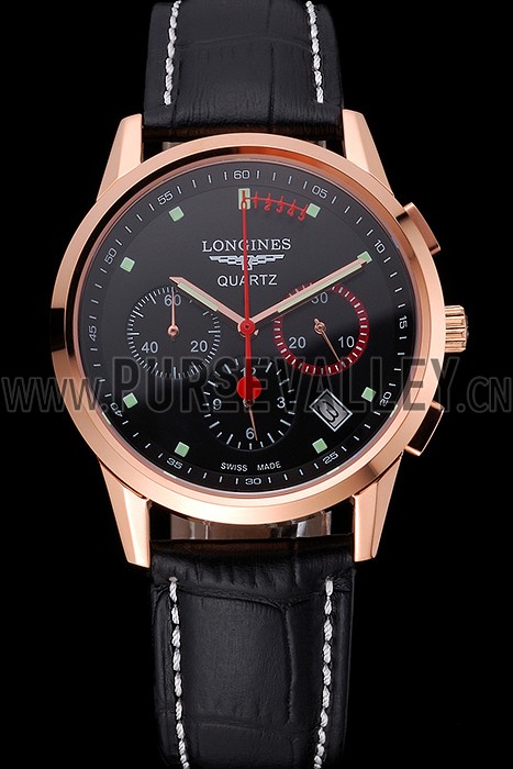 Longines Column Wheel Black Dial Gold Case Black Leather Strap