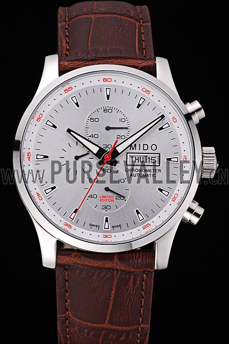 Mido Multifort Chronograph Gray Dial Stainless Steel Case Brown Leather Strap