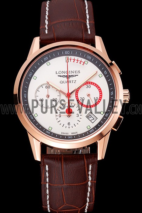 Longines Column Wheel White Dial Gold Case Brown Leather Strap