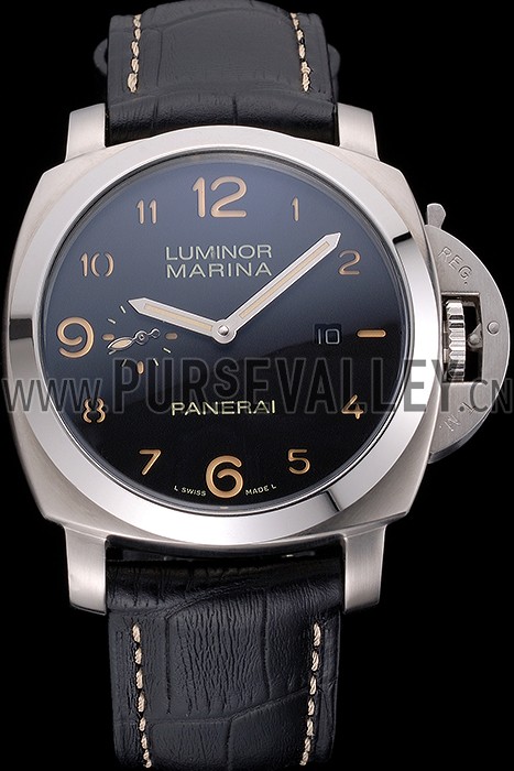Panerai Luminor Marina 1950 Black Dial Brushed Steel Case Black Embossed Leather Strap