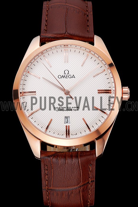 Omega Tresor Master Co-Axial White Dial Rose Gold Case Brown Leather Strap