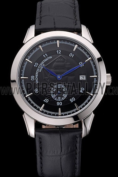 Vacheron Constantin Traditionnelle Black Ship Dial Stainless Steel Case Black Leather Strap