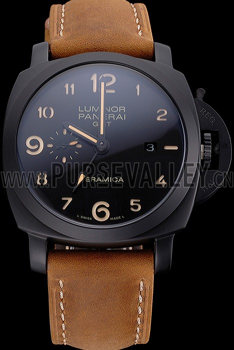 Panerai Luminor 1950 GMT Ceramica Black Dial Matte Black Case Brown Suede Leather Strap