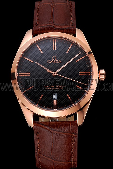 Omega Tresor Master Co-Axial Black Dial Rose Gold Case Brown Leather Strap