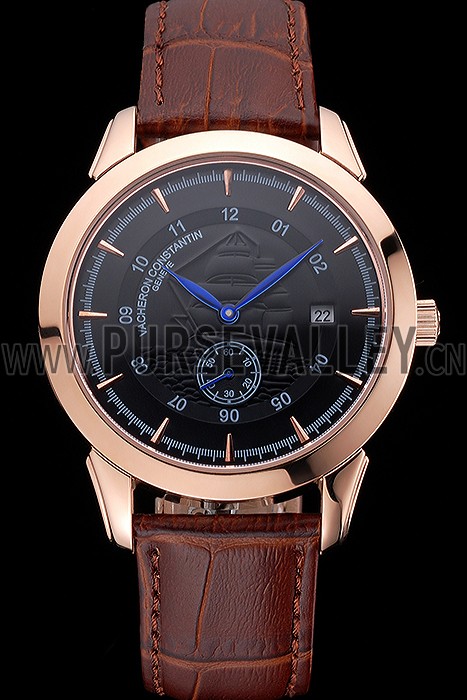Vacheron Constantin Traditionnelle Black Ship Dial Rose Gold Case Brown Leather Strap