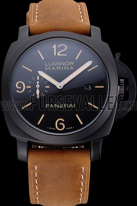 Panerai Luminor Marina Black Dial Matte Black Steel Case Brown Suede Leather Strap
