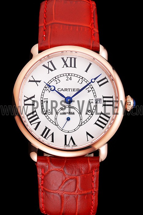 Cartier Ronde Louis Cartier White Dial Gold Case Red Leather Strap