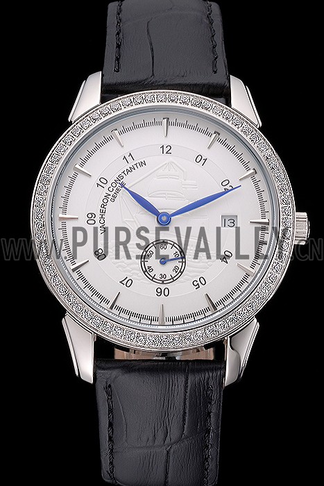 Vacheron Constantin Traditionnelle White Ship Dial Stainless Steel Case With Diamonds Black Leather Strap