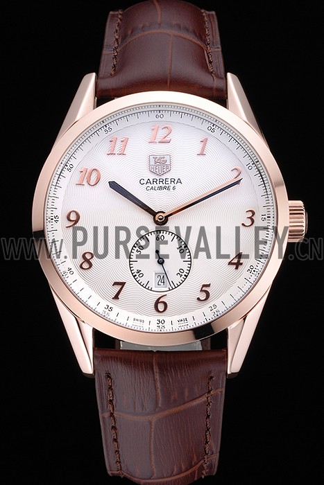 Tag Heuer Carerra Calibre 6 White Dial Red Numbers Brown Leather Band 622161
