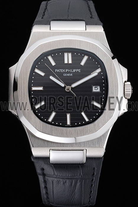 Patek Philippe Nautilus Black Dial Brushed Stainless Steel Case Black Leather Strap