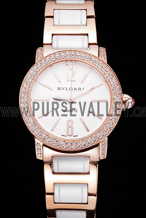 Bvlgari Bvlgari White Embossed Dial Gold Case Diamond Bezel Two Tone Bracelet