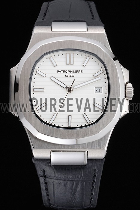 Patek Philippe Nautilus White Dial Brushed Stainless Steel Case Black Leather Strap