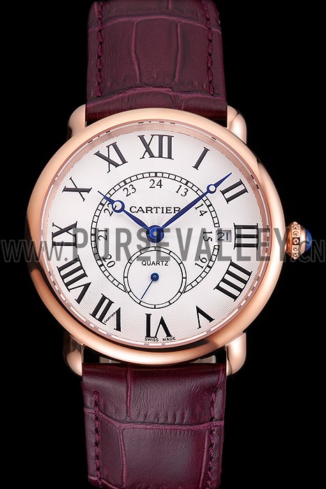 Cartier Ronde Louis Cartier White Dial Gold Case Purple Leather Strap