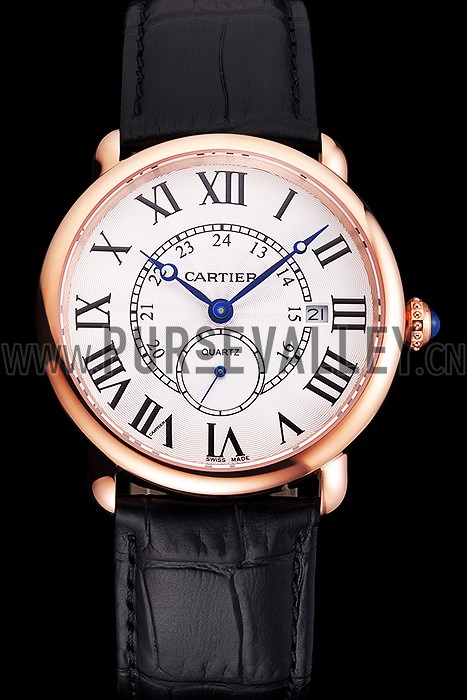 Cartier Ronde Louis Cartier White Dial Gold Case Black Leather Strap