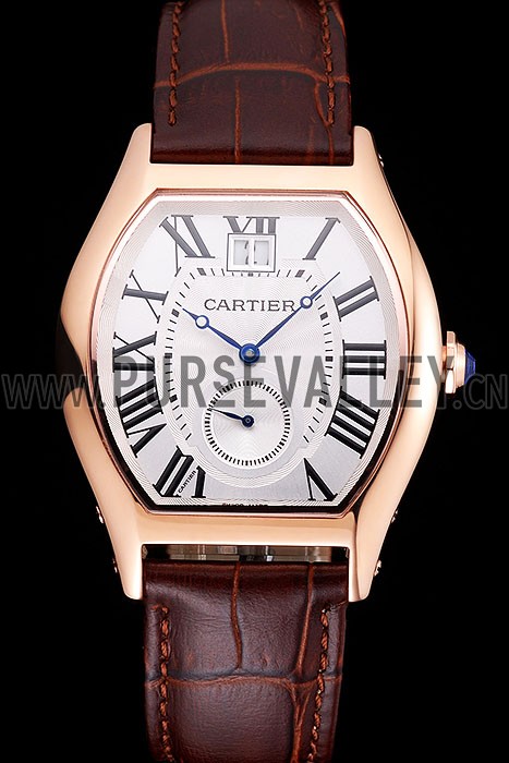 Cartier Tortue Large Date White Dial Gold Case Brown Leather Strap