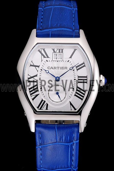 Cartier Tortue Large Date White Dial Stainless Steel Case Blue Leather Strap