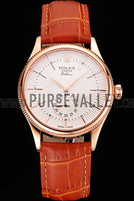 Swiss Rolex Cellini White Dial Rose Gold Case Light Brown Leather Strap