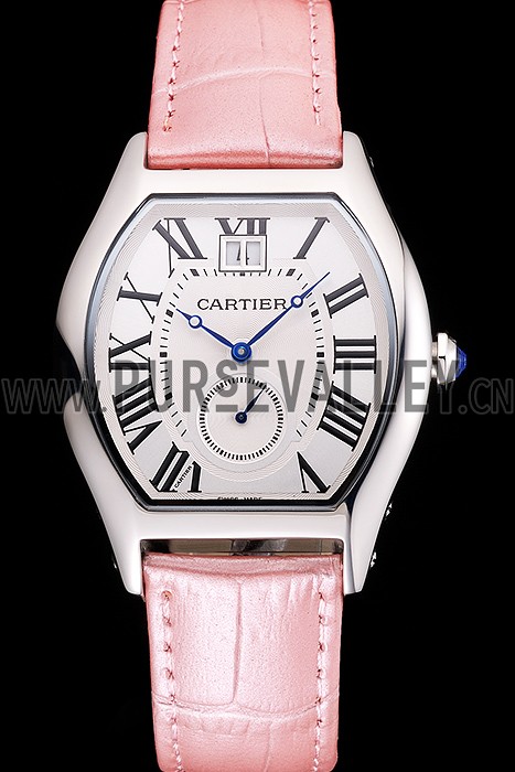 Cartier Tortue Large Date White Dial Stainless Steel Case Pink Leather Strap