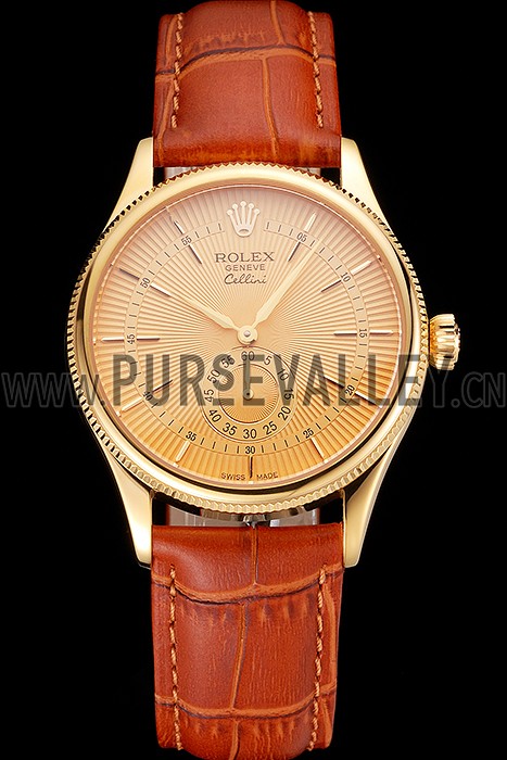 Swiss Rolex Cellini Gold Dial Gold Case Light Brown Leather Strap
