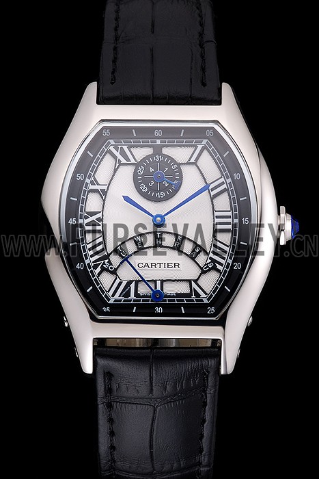 Cartier Tortue Perpetual Calendar White Dial Stainless Steel Case Black Leather Strap