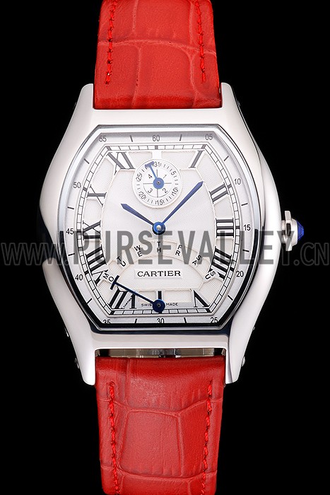 Cartier Tortue Perpetual Calendar White Dial Stainless Steel Case Red Leather Strap