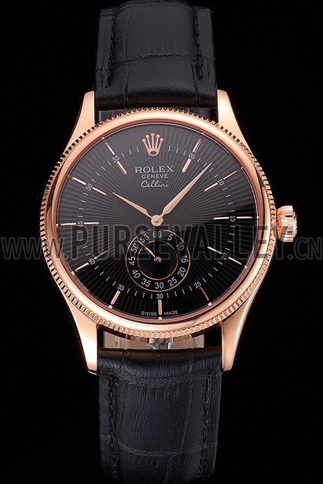 Swiss Rolex Cellini Black Dial Rose Gold Case Black Leather Strap