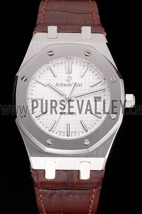 Swiss Audemars Piguet Royal Oak White Dial Stainless Steel Case Brown Leather Strap