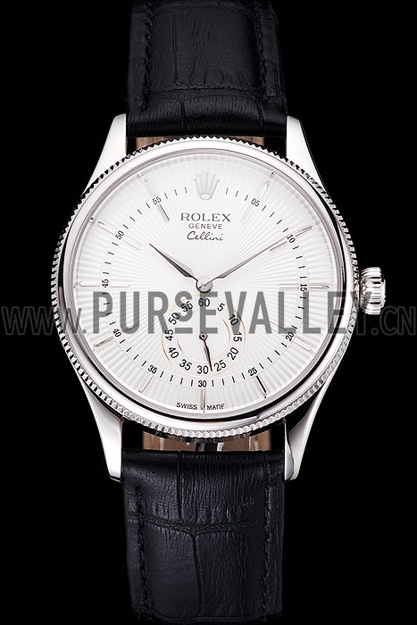 Swiss Rolex Cellini White Dial Stainless Steel Case Black Leather Strap