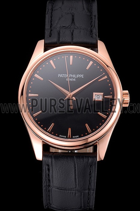 Swiss Patek Philippe Calatrava Black Dial Rose Gold Case Black Leather Strap