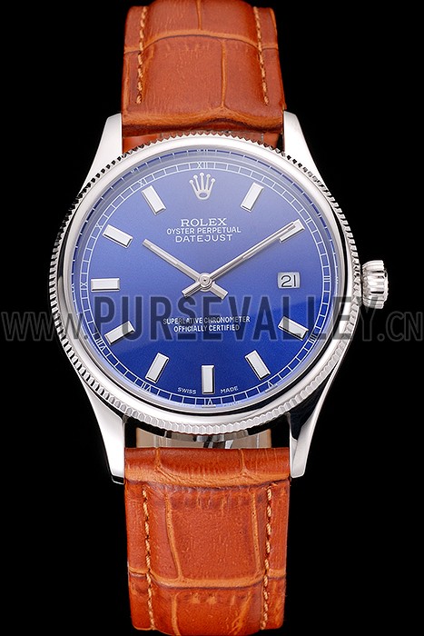 Swiss Rolex Datejust Blue Dial Stainless Steel Case Light Brown Leather Strap