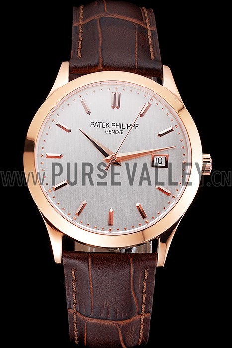 Swiss Patek Philippe Calatrava White Dial Rose Gold Case Brown Leather Strap