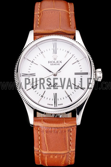 Swiss Rolex Cellini White Dial Roman Numerals Stainless Steel Case Light Brown Leather Strap