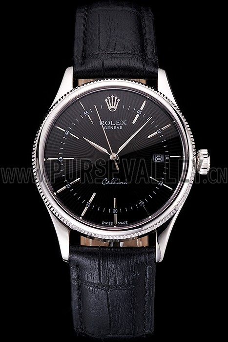Swiss Rolex Cellini Date Black Dial Stainless Steel Case Black Leather Strap