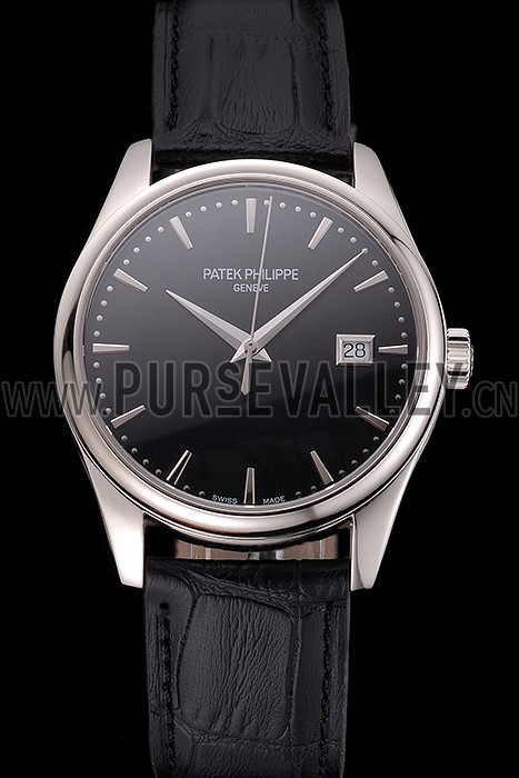 Swiss Patek Philippe Calatrava Black Dial Stainless Steel Case Black Leather Strap