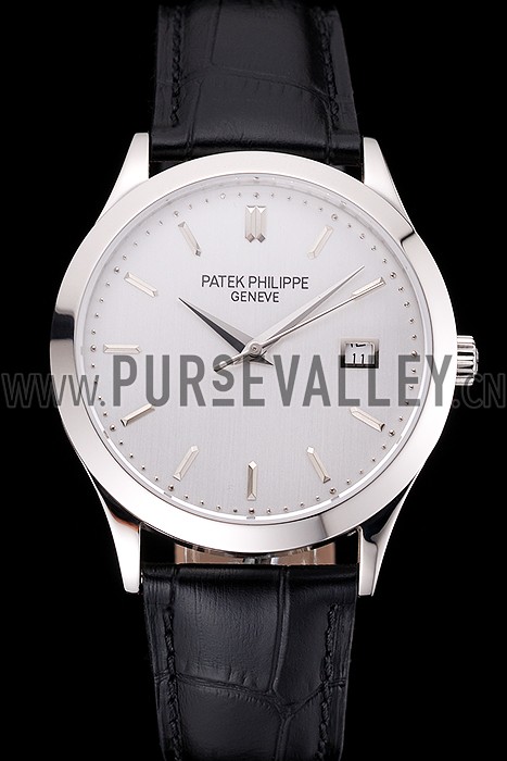 Swiss Patek Philippe Calatrava Silver Dial Stainless Steel Case Black Leather Strap