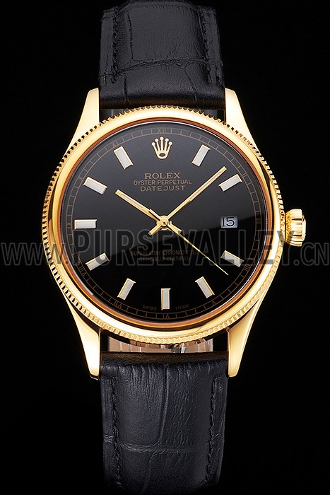 Swiss Rolex Datejust Black Dial Gold Case Black Leather Strap