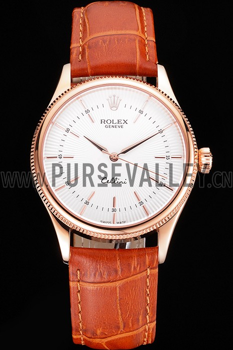 Swiss Rolex Cellini White Dial Rose Gold Case Brown Leather Strap
