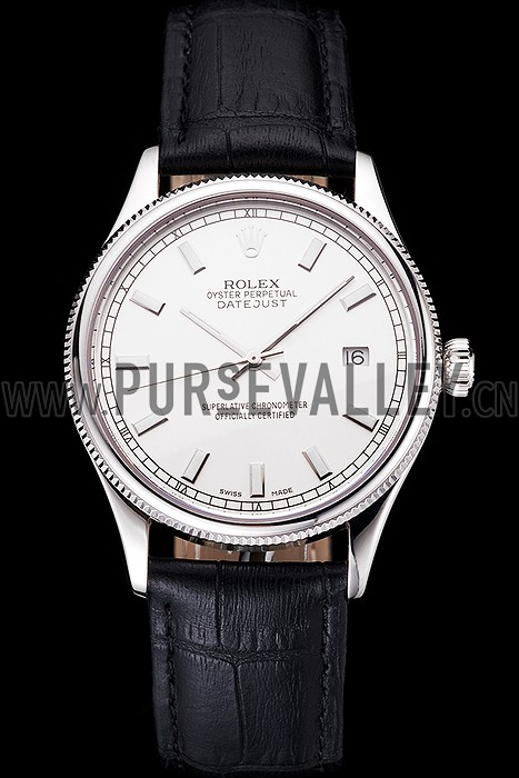 Swiss Rolex Datejust White Dial Stainless Steel Case Black Leather Strap