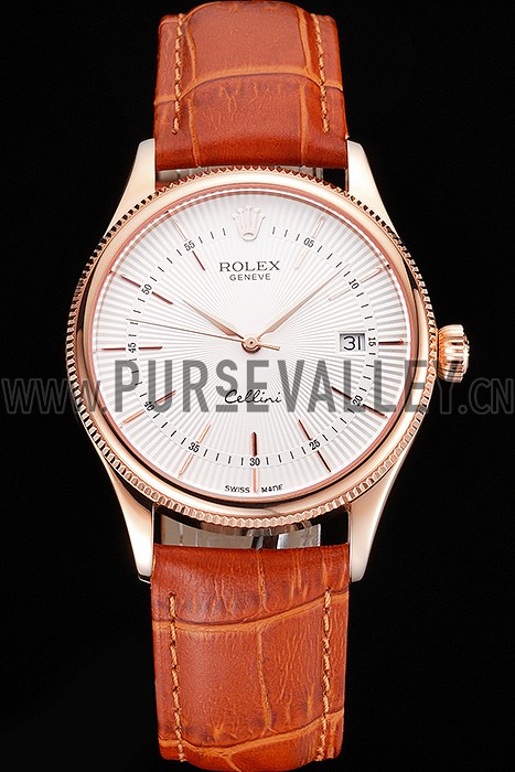 Swiss Rolex Cellini Date White Dial Rose Gold Case Brown Leather Strap