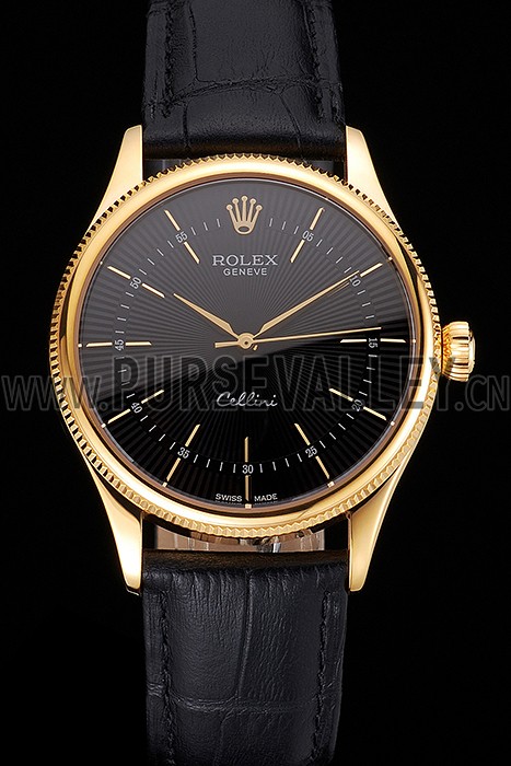 Swiss Rolex Cellini Black Dial Gold Markings Gold Case Black Leather Strap
