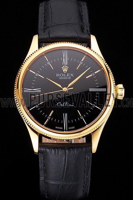 Swiss Rolex Cellini Black Dial Roman Numerals Gold Case Black Leather Strap