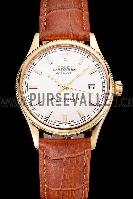 Swiss Rolex Datejust White Dial Gold Case Light Brown Leather Strap
